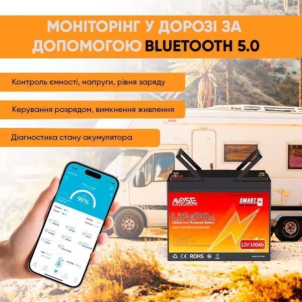 Литий-железо-фосфатный аккумулятор MOSEWORTH LiFePO4 12V 100 Ah Smart (1280Wh) (BMS 100A) 123000800 фото